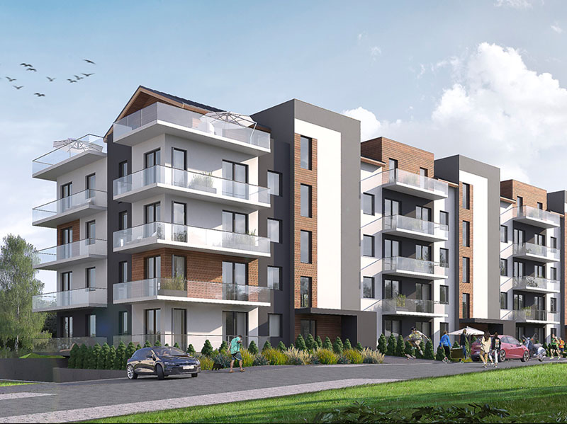 Wizualizacja nowoczesnego apartamentowca w&nbsp;Wadowicach – nowa inwestycja Bongo Invest z&nbsp;widokiem na&nbsp;panoramę okolicy i&nbsp;Beskidy.