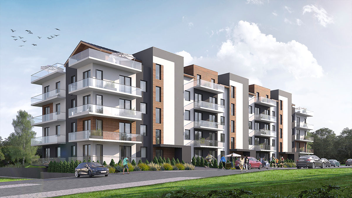 Wizualizacja nowoczesnego apartamentowca w&nbsp;Wadowicach – nowa inwestycja Bongo Invest z&nbsp;widokiem na&nbsp;panoramę okolicy i&nbsp;Beskidy.